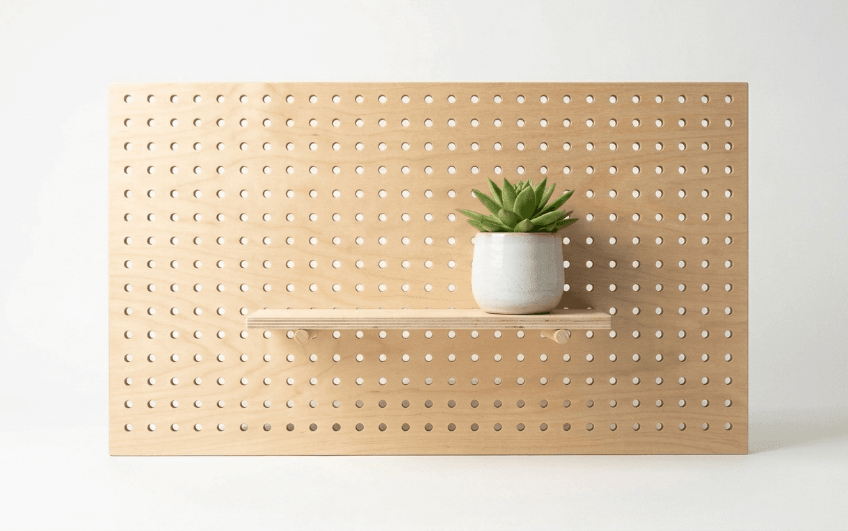 Wide pegboard panel with shelf holding a succulent